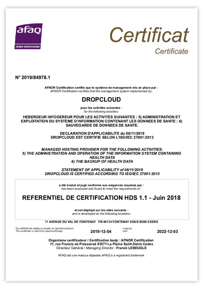 certificat hds dropcloud