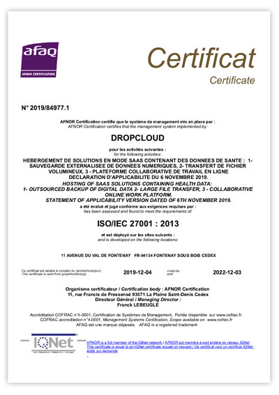 certificat iso 27001 dropcloud