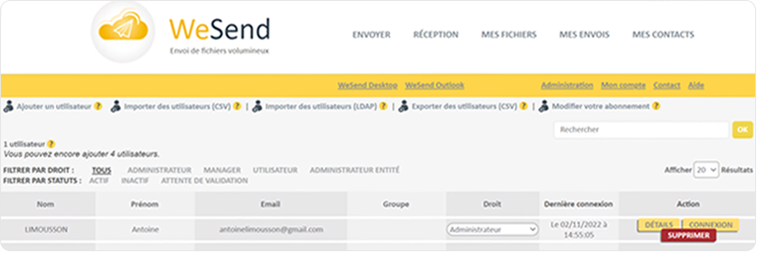 Administration de WeSend 1